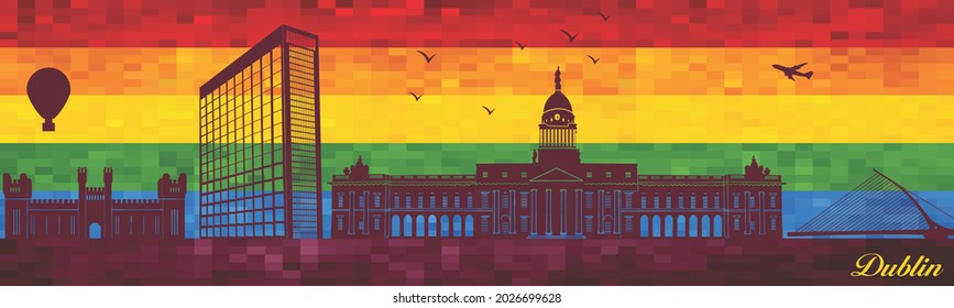 Dublin on LGBT flag background - illustration, 
Town in Rainbow background, 
Vector city skyline silhouette