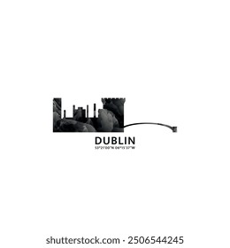 Dublin panorama, vector badge, skyline logo and icon. Ireland capital city horizon logotype with landmarks and building silhouettes. Isolated foggy abstract gradient graphic