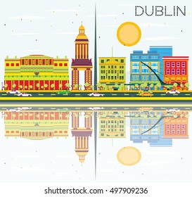 Dublin Skyline with Color Buildings, Blue Sky and Reflections. Vector Illustration. Business Travel and Tourism Concept with Historic Architecture. Image for Presentation and Banner.