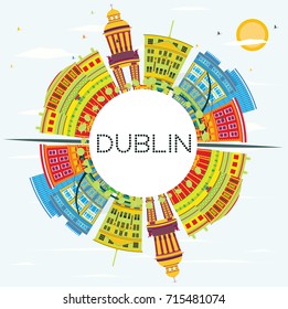 Dublin Skyline with Color Buildings, Blue Sky and Copy Space. Vector Illustration. Business Travel and Tourism Concept with Historic Architecture. Image for Presentation and Banner.