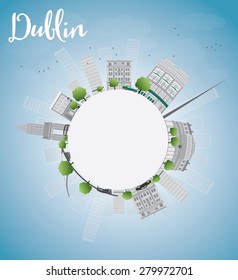 Dublin Skyline with Grey Buildings, Blue Sky and copy space, Ireland. Vector Illustration. Business travel and tourism concept with place for text. Image for presentation, banner, placard and web site