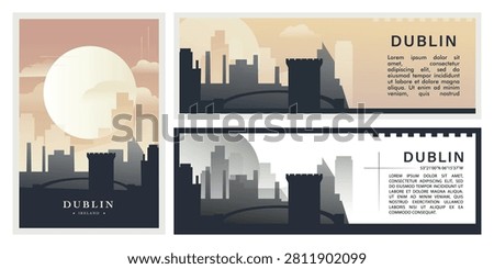 Dublin skyline illustration set with iconic landmarks. Brutalism Ireland city cityscape design pack for travel banners, tourism posters, and urban architecture concepts, social media, websites