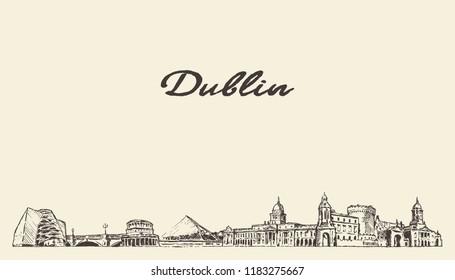 Dublin skyline, Ireland, hand drawn vector illustration, sketch