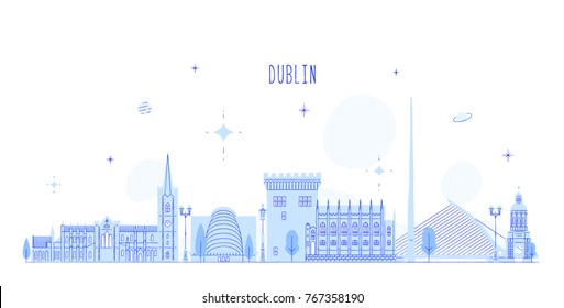 Dublin skyline, Ireland. This illustration represents the city with its most notable buildings. Vector is fully editable, every object is holistic and movable