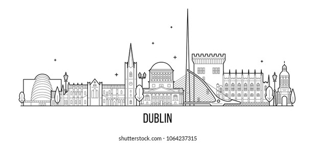 Dublin skyline, Ireland. This vector illustration represents the city with its most notable buildings. Vector is fully editable, every object is holistic and movable