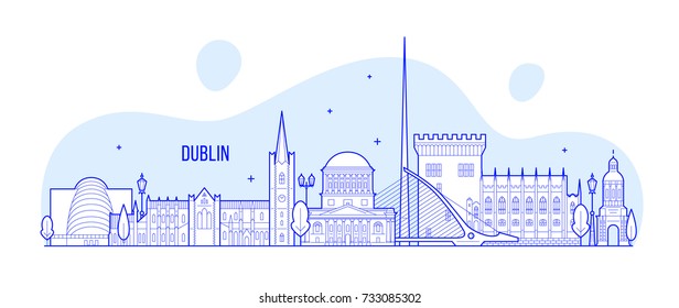Dublin skyline, Ireland. This vector illustration represents the city with its most notable buildings. Vector is fully editable, every object is holistic and movable