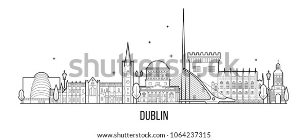 Dublin skyline, Ireland. This\
vector illustration represents the city with its most notable\
buildings. Vector is fully editable, every object is holistic and\
movable
