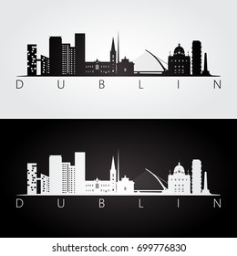 Dublin skyline and landmarks silhouette, black and white design, vector illustration.
