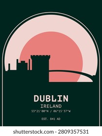 Dublin skyline retro poster with silhouette, vintage city travel Ireland graphics. Minimalist industrial mid-century sunset design layout for vinyl covers, postcards, wall art