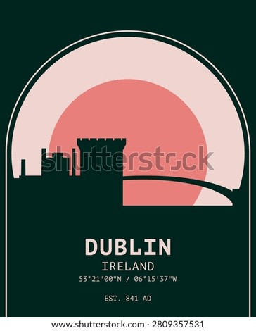 Dublin skyline retro poster with silhouette, vintage city travel Ireland graphics. Minimalist industrial mid-century sunset design layout for vinyl covers, postcards, wall art