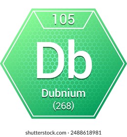 Dubnium (Db) (105) Transition Metal - Fundamental Chemical Element, Periodic Table in Chemistry Symbol, Name, Atomic Mass, Number, Chemistry Hexagon Logo Icon Design, White Background