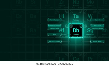 Dubnium (Db) Element Neon Light Glow Square Grid Background Design - Periodic Table, Chemical Symbol, Name, Atomic Weight, Atomic Number, Electron Shells, Classification, Phase at STP