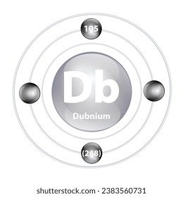 Dubnio (Db) Estructura del icono elemento químico forma redondeada círculo gris, negro con anillo envolvente. Número de periodo muestra niveles de energía de electrones. Estudiar ciencia para la educación. Vector de ilustración 3D