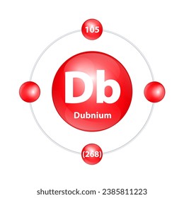 Dubnium (Db) Icon structure chemical element round shape circle light red with surround ring. 3D Illustration vector. Period number shows of energy levels of electron. Study science for education