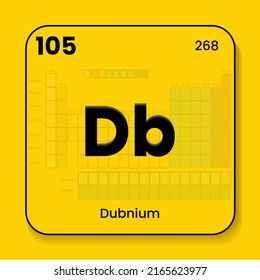 Dubnium Db the periodic table of  elements with name and symbol and atomic number and weight. Vector icon illustration placed in yellow wallpaper with table of elements transparent in the background