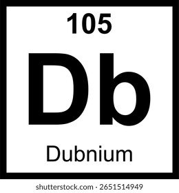 Ladrilho da tabela periódica de elementos de Dubnium (Db). Ícone com número atômico 105. Um elemento superpesado radioativo sintético nomeado após Dubna, Rússia.