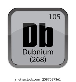 Dubnium Db tile. Atomic 105 number. 268 detail reference. Gray periodic block.