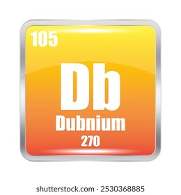 Dubnium icon. Db chemical element. Atomic number 105. Mass 270. Orange square design.