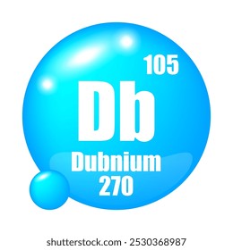 Dubnium icon. Db chemical element. Atomic number 105. Mass 270. Blue sphere design.