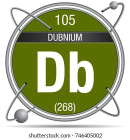 Dubnium symbol inside a metal ring with colored background and spheres orbiting around. Element number 105 of the Periodic Table of the Elements - Chemistry 