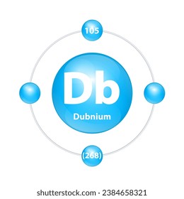 Dubnium(Db) Icon structure chemical element round shape circle light blue with surround ring. Period number shows of energy levels of electron. Study science for education. 3D Illustration vector.