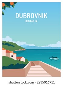 Dubrovnik city of Croatia vector Illustration Background. Travel to Croatia Europe. Flat Cartoon Vector Illustration in Color Style for poster, postcard, art print.