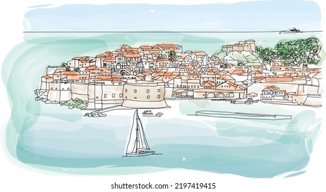 Dubrovnik city of Croatia. Watercolor illustration, vector illustration for calendar, travel magazine, social media post svg