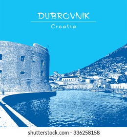 Dubrovnik, Croatia. Illustration of fort, harbor and old town in blue color.
Vector image edited of author's photo.
For brochure, book cover, poster, greeting card, presentation, guide.