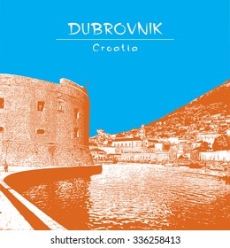 Dubrovnik, Croatia. Illustration of fort, harbor and old town. Blue and orange color.
Vector image edited of author's photo.
For brochure, book cover, poster, greeting card, presentation, guide.