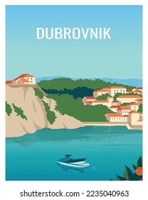 Dubrovnik, Croatia with old town,  harbor and jet ski. vector Illustration background with colored style for card, postcard, poster, print.