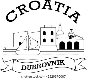 Dubrovnik Croatia View Outline Vector Illustration. Old City, Castel, Ship and sea.