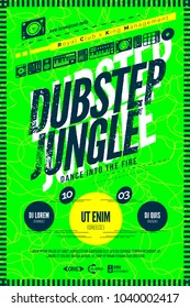 Dubstep jungle, neon party flye. Dj dance music poster