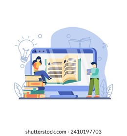 ilustración de vector de ducation. Educación en línea, beca, de vuelta a la escuela, Libro en línea, seminario web, clase en línea, trofeo de logro.ilustración vectorial de diseño plano