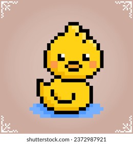 Duck in 8 bit pixel art. Cute Animal for game assets in vector illustration.