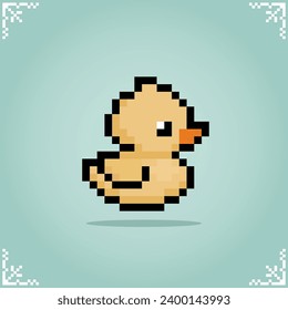 Duck in 8 bit pixel art. Animal game assets in vector illustrations.