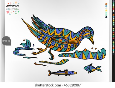 Duck. Animal patterns with hand-drawn doodle waves and lines. Vector illustration in bright colors.