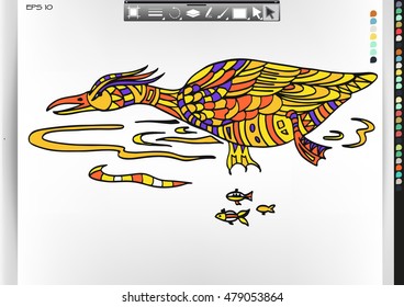 Duck. Animal patterns with hand-drawn doodle waves and lines. Vector illustration in bright colors.