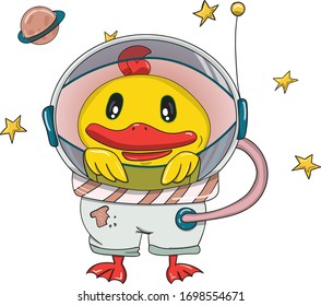 Duck astronaut. Vector illustration. Illustration for cosmonautics day.