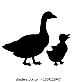 Duck and baby duckling vector icon isolated on white background