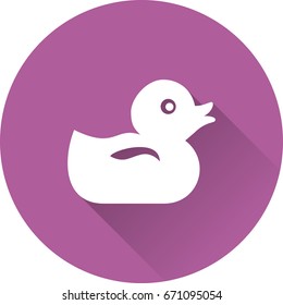 Duck baby icon. Vector. White toy on purple background. Simple symbol in flat design with long shadow.  