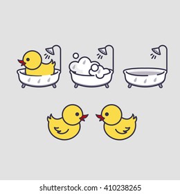 duck in bath set icons. vector illustration