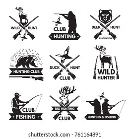 Duck, Bear, Deer And Other Animals For Hunting. Monochrome Labels Set With Place For Your Text. Hunting Emblem Club Silhouette, Vector Illustration