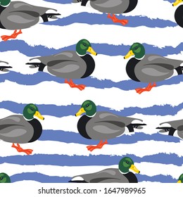 Entenvogel, Vektorillustration von Tieren nahtlos Muster mit Wellen. Konzept für Druck, Textilien, Karten, Tapeten, Packpapier 