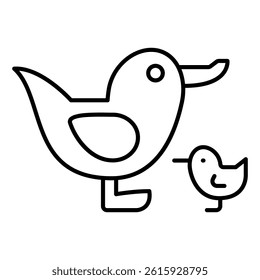 Duck bird with chick thin line icon, mother day concept. Vector graphics. Birds sign on white background, linear style for mobile or design