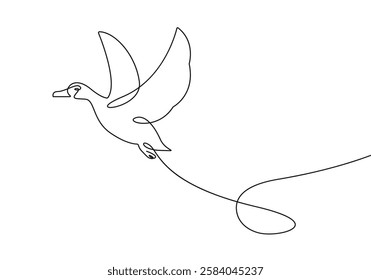 Duck Bird Flying One Line Drawing. Bird Flying Simple Black One Line Silhouette on White Background. Freedom Concept for Minimalist Design. Vector Illustration. Not AI