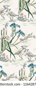 duck bird iris flower nature landscape view vector sketch illustration japanese chinese oriental line art ink seamless pattern