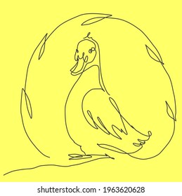 Duck bird portrait, one line continuous drawing. Yellow art poster.