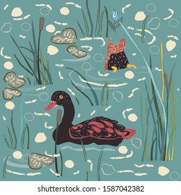 Duck Bird Seamless Pattern. Ducks on the lake. Vector Illustration