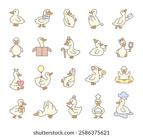 Duck bird set with cute kawaii cartoon characters in different poses emotions and accessories for birthday celebration romantic moments and everyday activities for cheerful creative designs