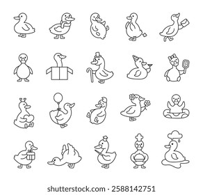 Duck bird set with cute kawaii cartoon characters in different poses emotions and accessories for birthday celebration romantic moments and everyday activities for cheerful creative designs